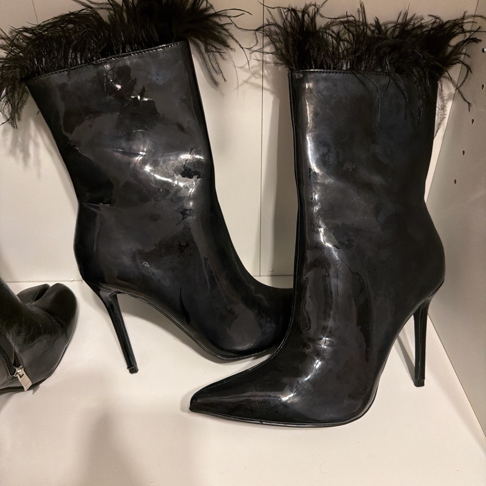 Fashion Nova Glossy Black Feathered Heeled Boots